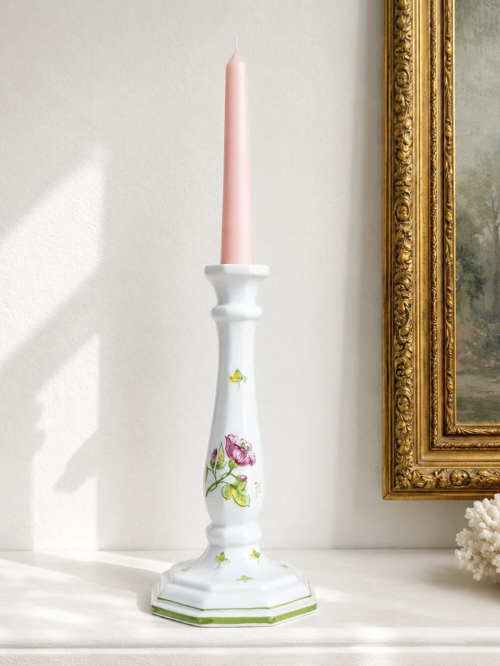 Hand Painted Italian Floral Ceramic Candlestick